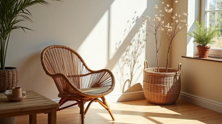 A wicker chair and a potted plant in a room