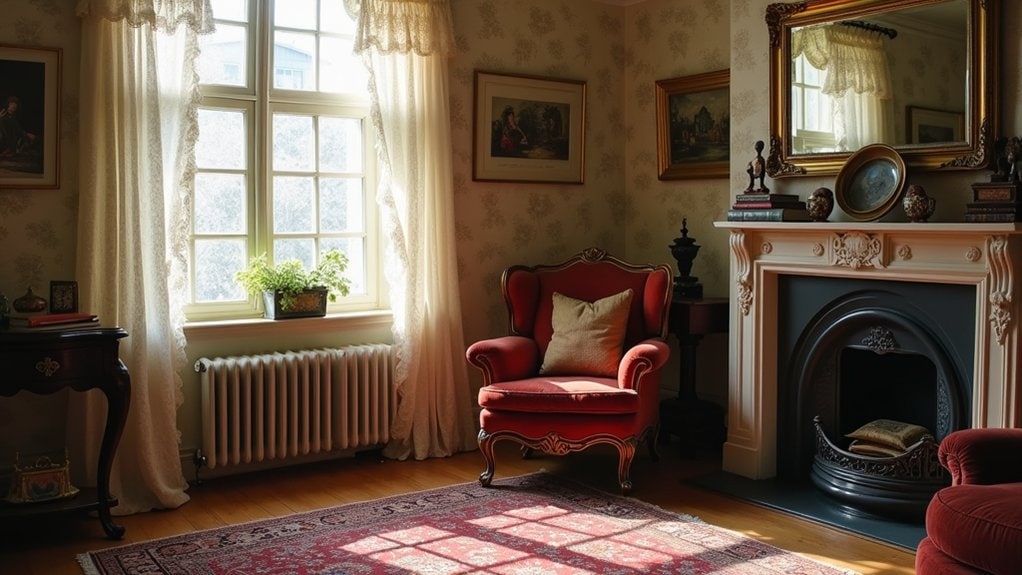 A red chair sits in front of a fireplace