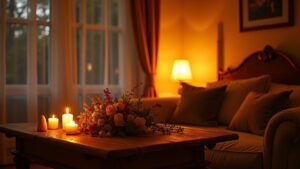 A living room with a couch, table and candles