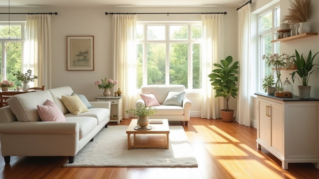 A clean living room with white furniture and wooden floors