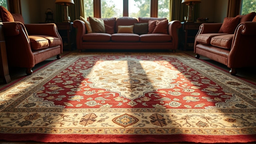 A red rug is in the middle of a room
