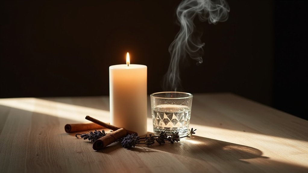 Candle and glass of water on wooden table