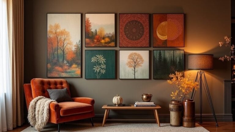 A living room with orange chairs and a wall with pictures
