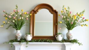 A mirror and two vases with tulips on a mantle