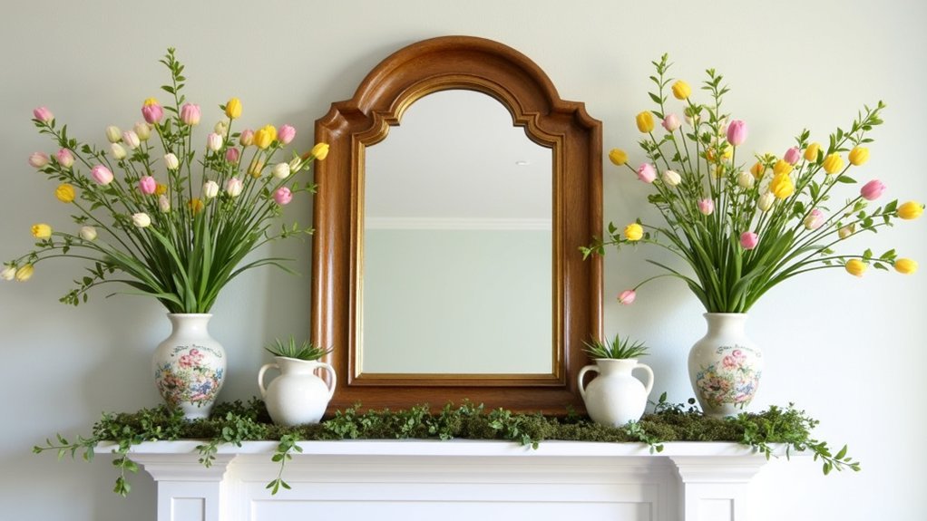 A mirror and two vases with tulips on a mantle