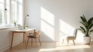 A white room with a desk, chair and potted plant