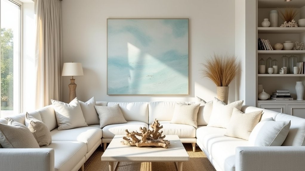 A living room with white furniture and a painting