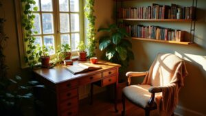 A desk with a chair and bookshelves in front of a window
