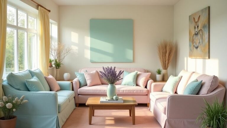 A living room with blue and pink furniture