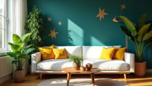 A living room with a blue wall and yellow pillows