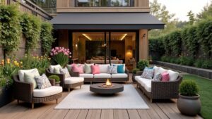 A patio with wicker furniture and a fire pit