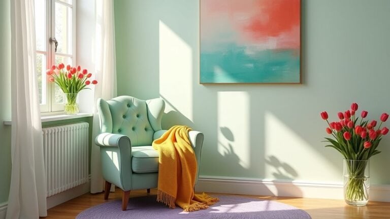 A room with a chair, a painting and a vase of flowers