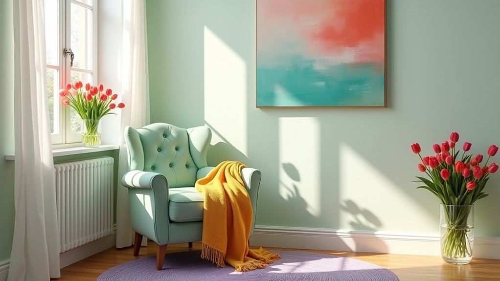 A room with a chair, a painting and a vase of flowers