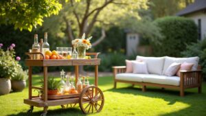 A wooden cart with a table and chairs on the lawn
