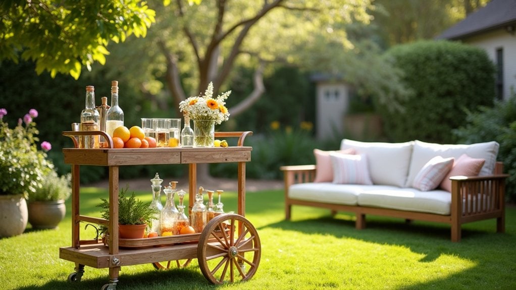A wooden cart with a table and chairs on the lawn