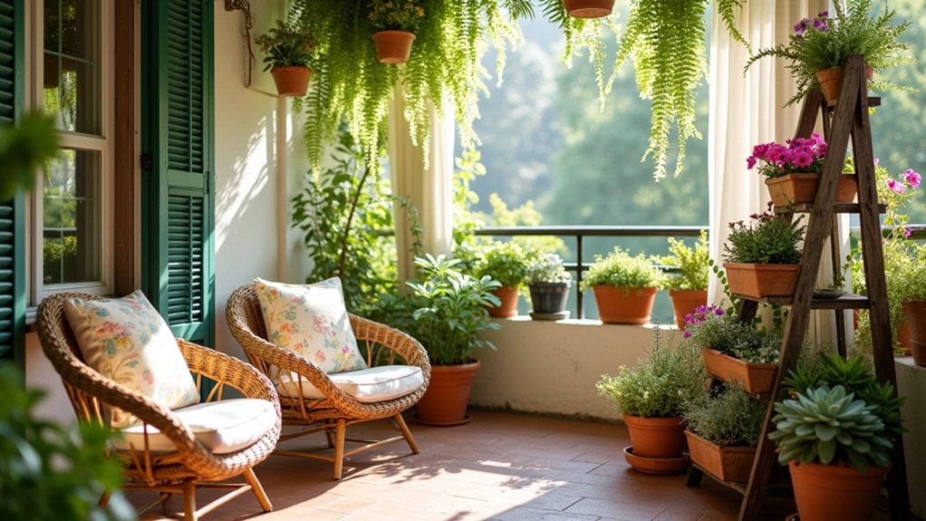 A balcony with potted plants and chairs