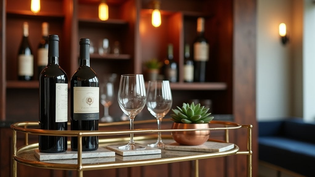 Wine glasses and bottles on a bar cart.