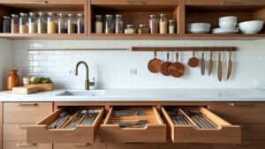 A kitchen with wooden drawers and utensils