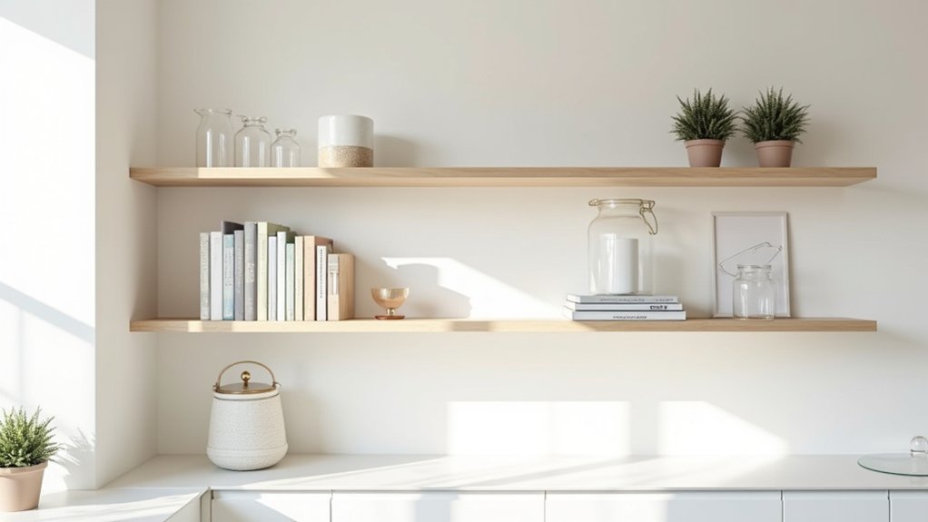 A shelf with books and plants on it in a white room