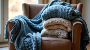 A pile of blankets on a chair