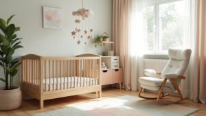 A baby's room with a rocking chair, crib and a pink chair