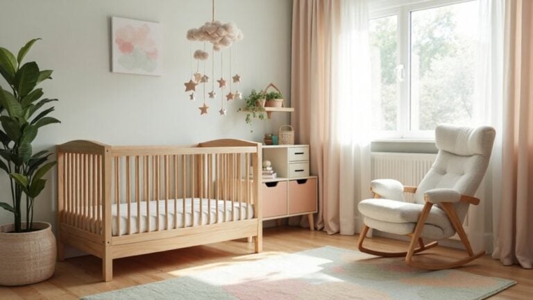 A baby's room with a rocking chair, crib and a pink chair