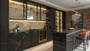 A modern kitchen with black and gold accents.