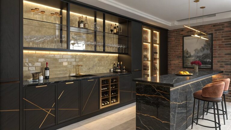 A modern kitchen with black and gold accents.