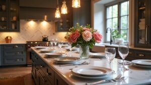 A kitchen with a table and chairs