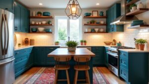 A kitchen with blue cabinets and wooden floors