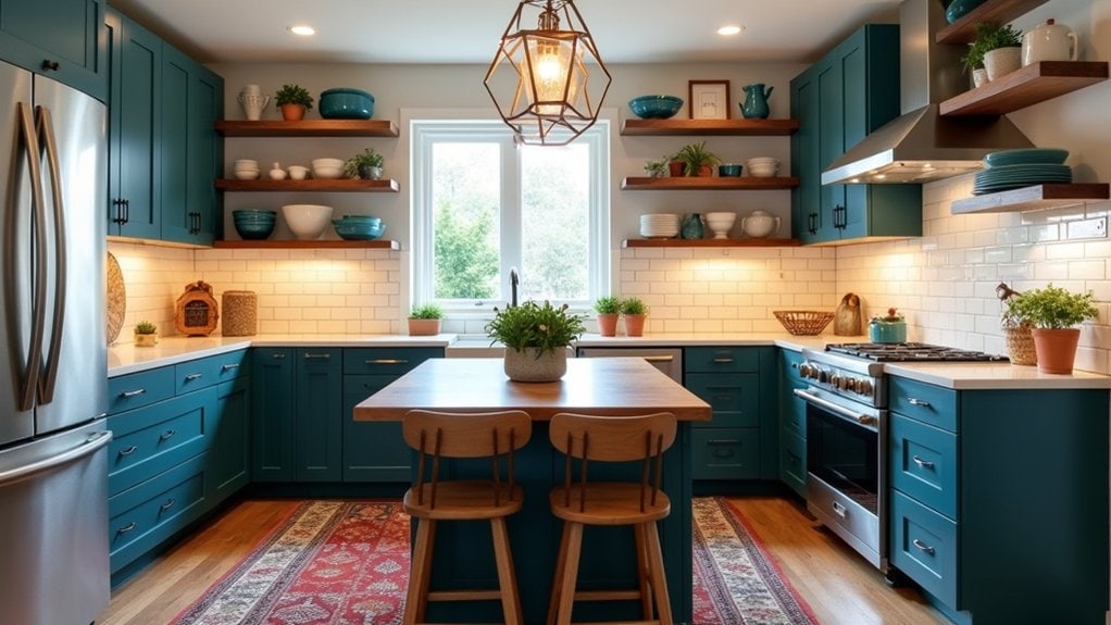 A kitchen with blue cabinets and wooden floors