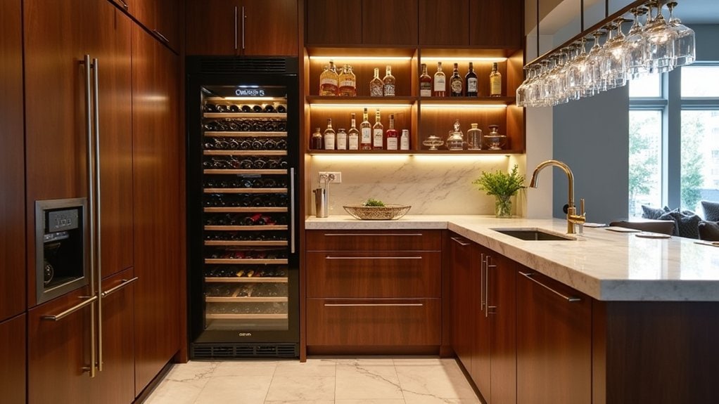 A kitchen with a wine cooler and a wine rack.