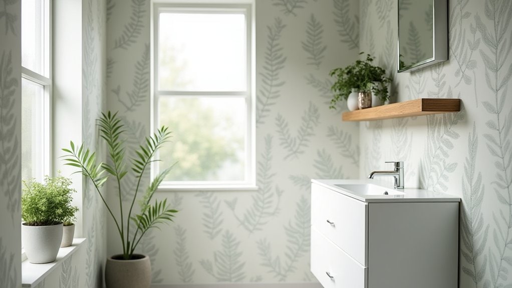 A bathroom with a white sink and a plant on the wall