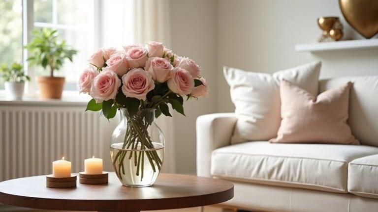 Pink roses in a vase on a table in front of a couch