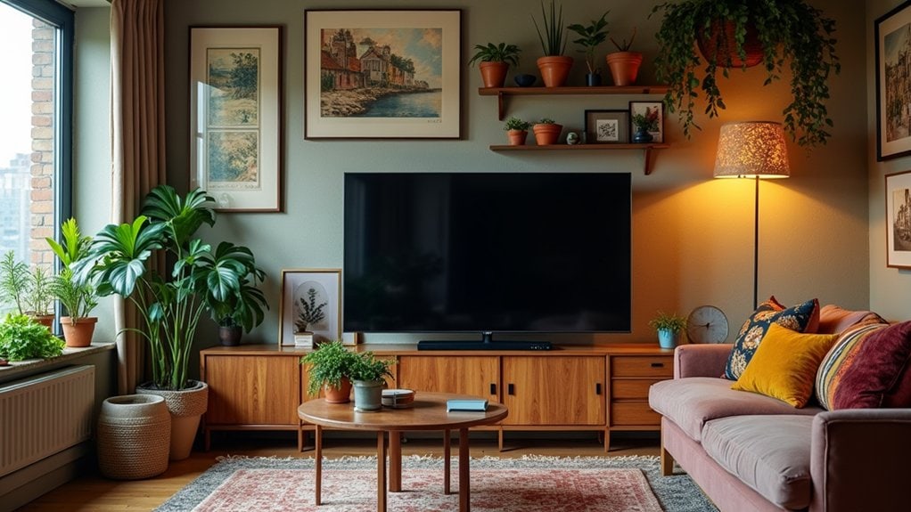 A living room with a large tv, plants and pictures