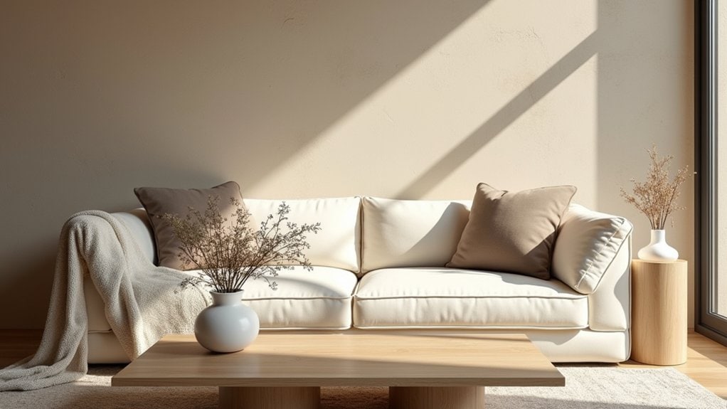 A white couch in front of a window with sunlight