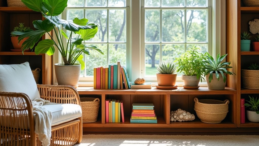 A room with bookshelves and potted plants