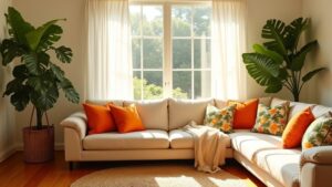A living room with orange and white pillows