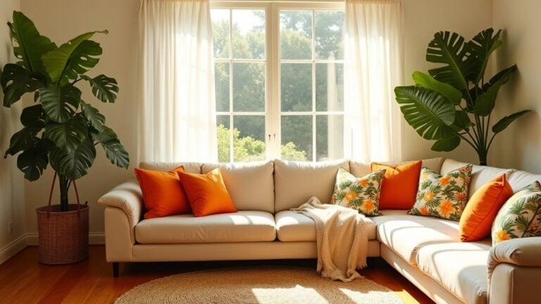 A living room with orange and white pillows