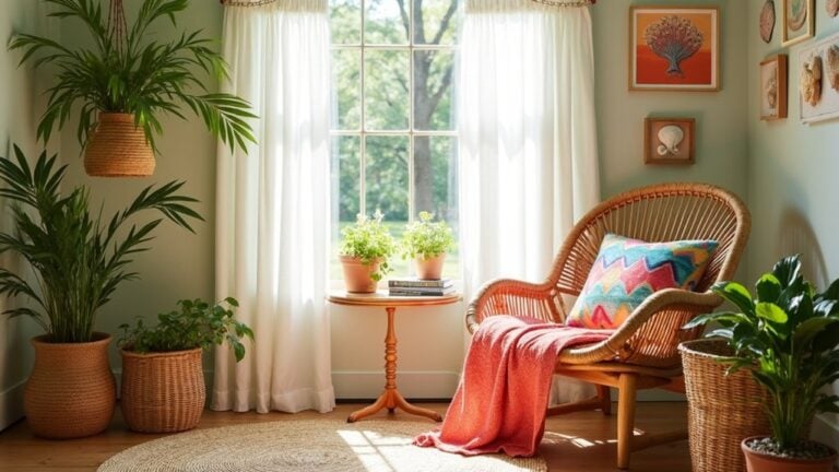 A room with a wicker chair, a table and a window