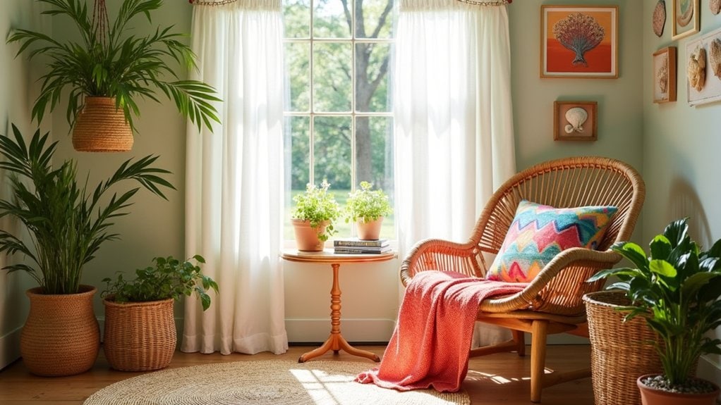 A room with a wicker chair, a table and a window
