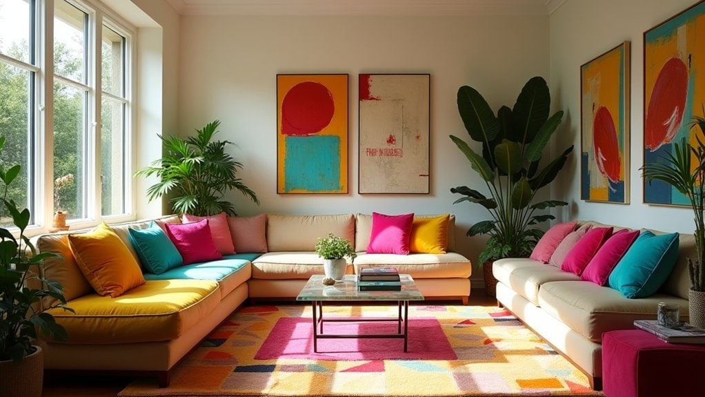A colorful living room with a couch, coffee table and colorful pillows