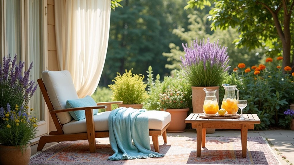 A patio with a chair, table and orange juice