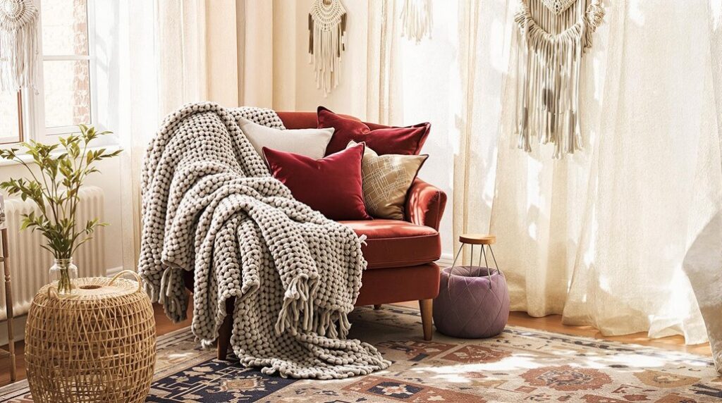 A red chair with a blanket and a rug in front of a window