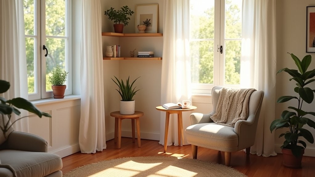 A living room with a chair, a table and a window