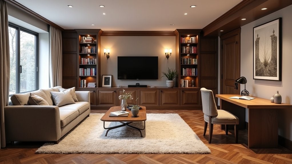 A living room with a couch, coffee table and bookshelf