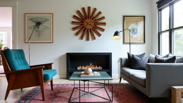 A living room with a fireplace, a couch, a chair and a rug