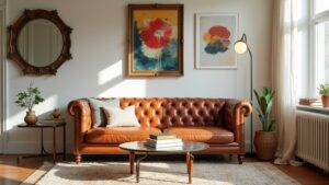 A living room with a leather couch and a mirror