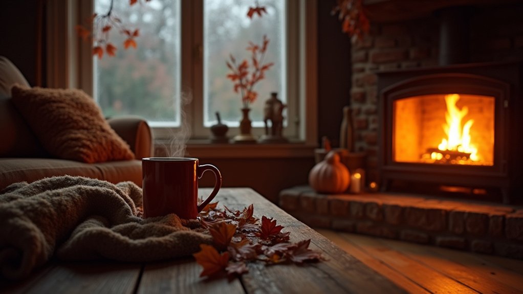 A cozy living room with a fireplace and a mug of coffee