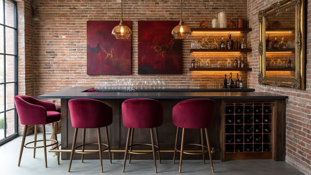 A bar with red chairs and a brick wall.